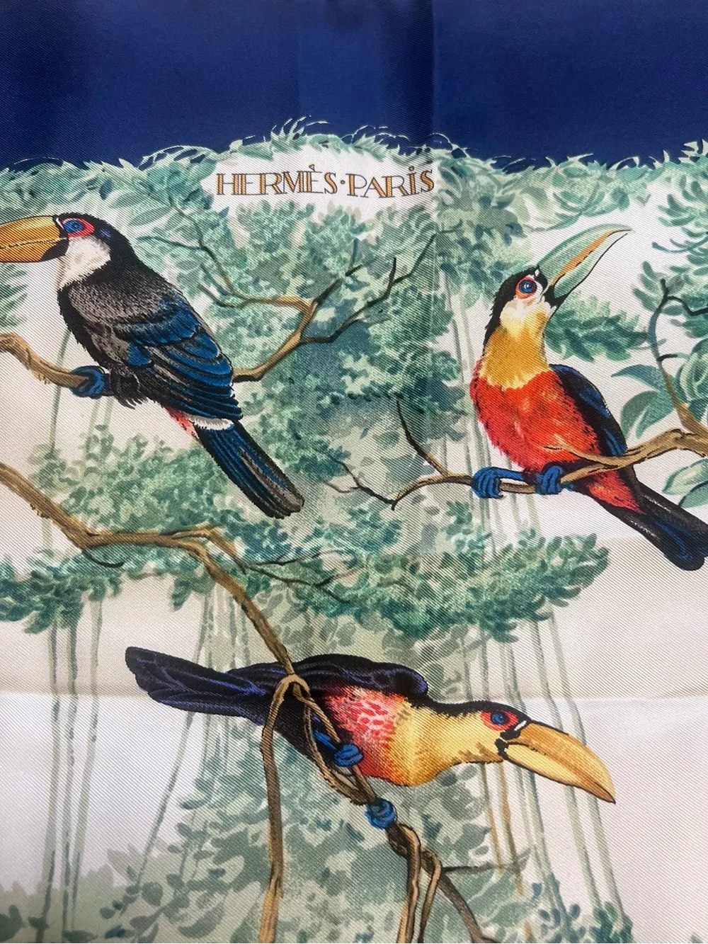 Hermes “ Equateur” Tropical Leaf and Navy 100% Silk Scarf - Picture 4 of 10